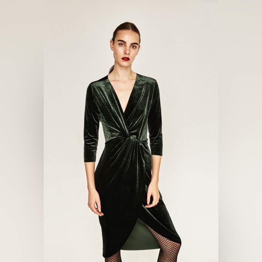 Zara Elegant Green Velvet Wrap Dress 3/4 Sleeve Size S